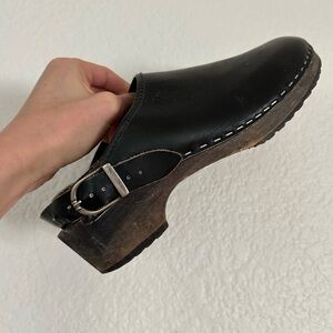 Vintage Black Leather Swedish Clogs with Silver Buckle